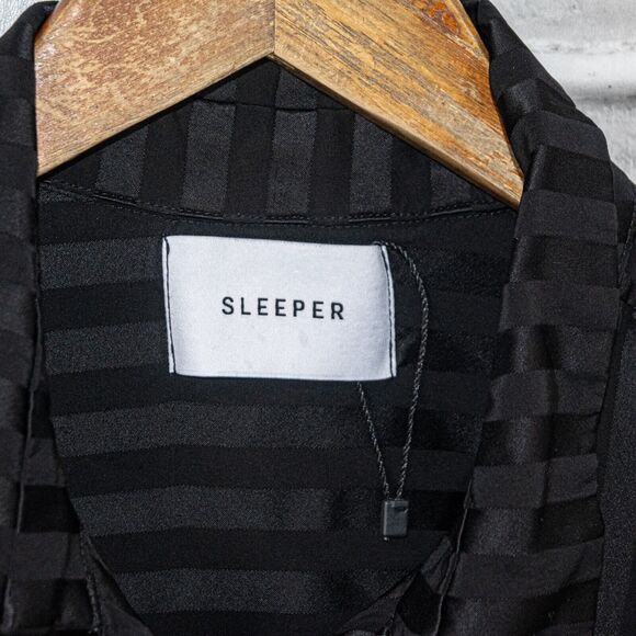 SLEEPER brand Women's Pajama Top button up Black striped satin rayon sz 1 - Picture 2 of 9